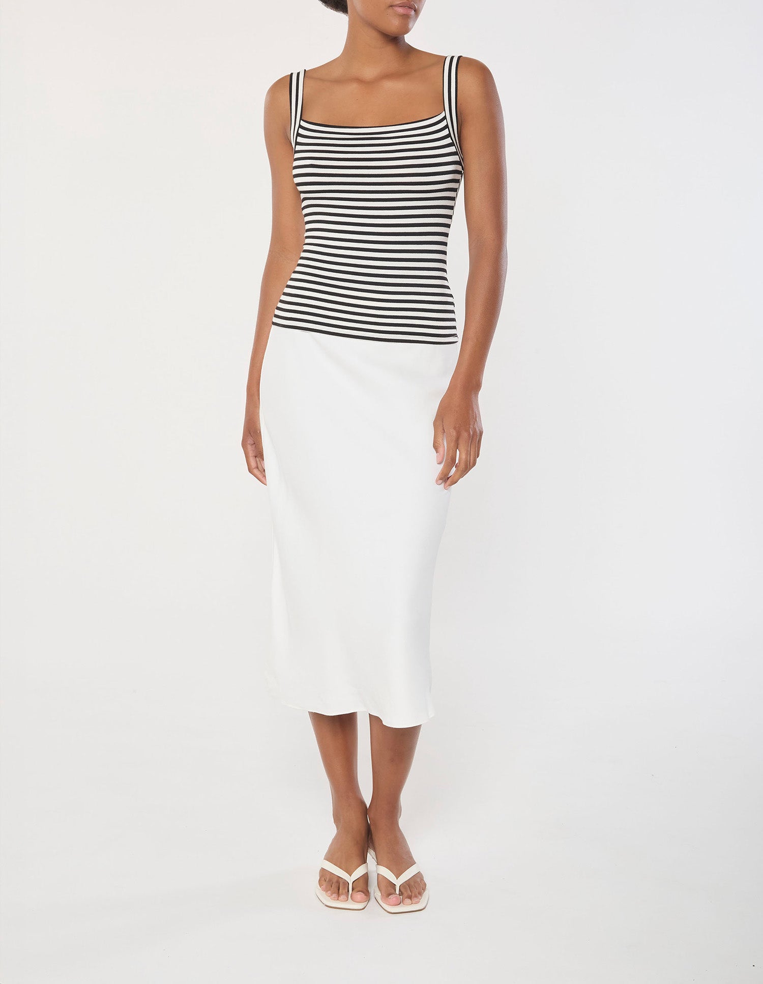 Square Neck Tank Top In Black & White Stripe Jersey on Ecomm model