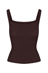 Square Neck Tank Top in compact stretch jersey on a white background, featuring a clean square neckline and fitted silhouette for a versatile, polished look. 