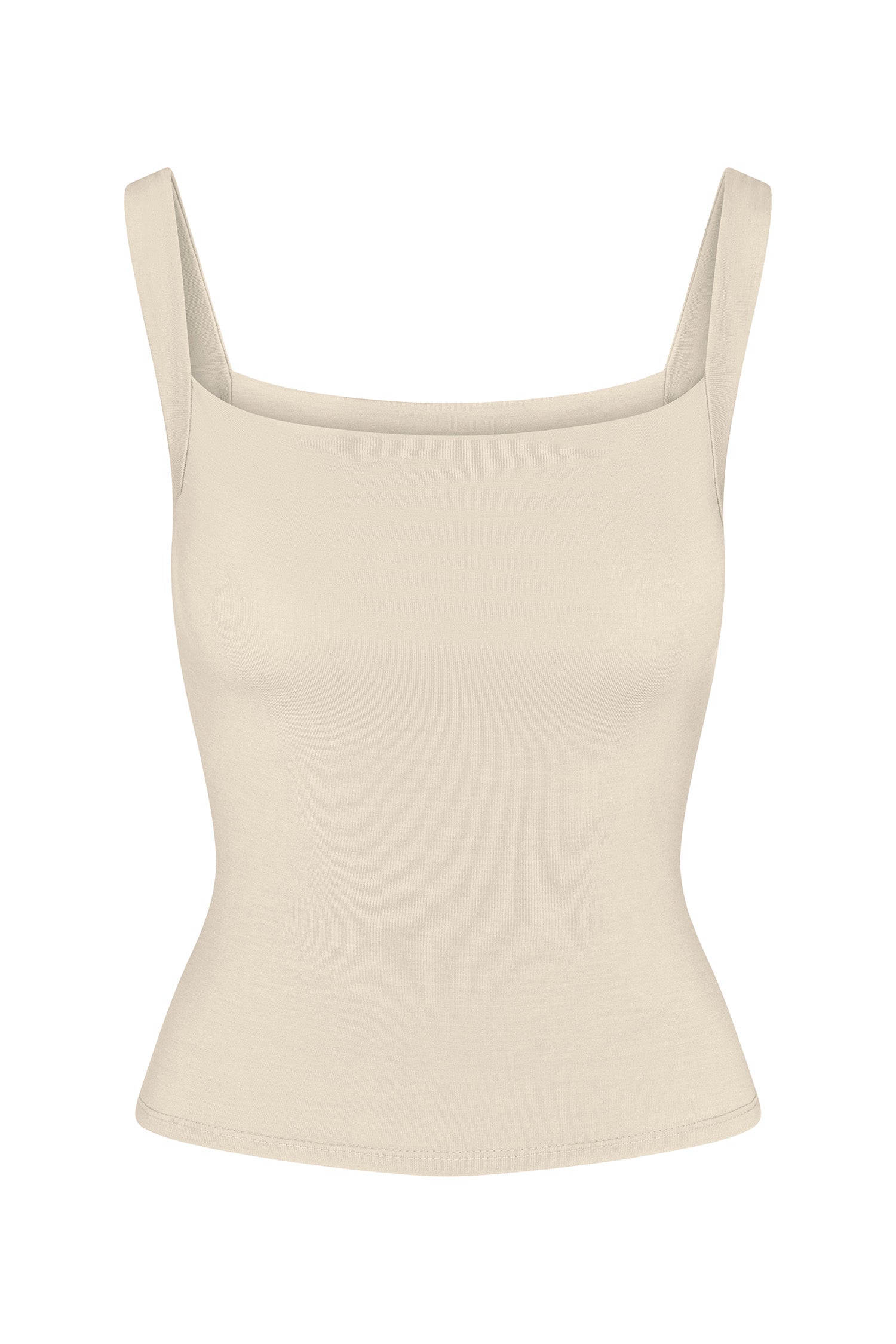 Square Neck Tank Top in compact stretch jersey on a white background, featuring a clean square neckline and fitted silhouette for a versatile, polished look. 