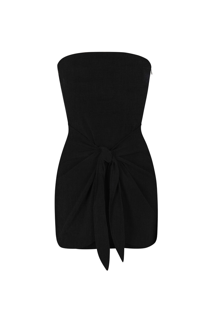 Strapless D.K. Mini Wrap Dress in Textured Stretch Black on White Background