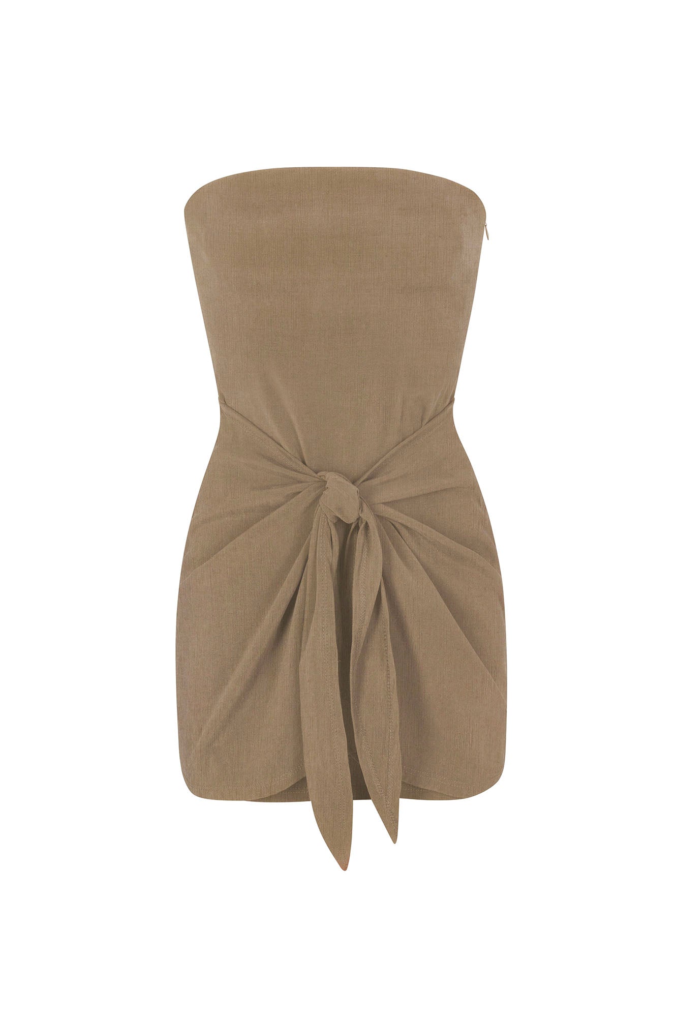 Strapless D.K. Mini Wrap Dress in Textured Stretch Taupe on White Background