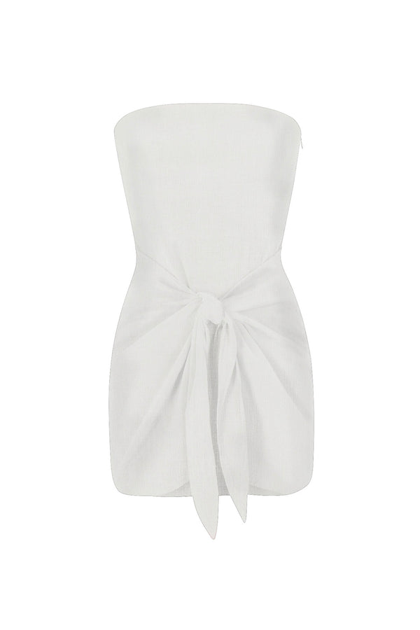 Strapless D.K. Mini Wrap Dress in Textured Stretch White on White Background