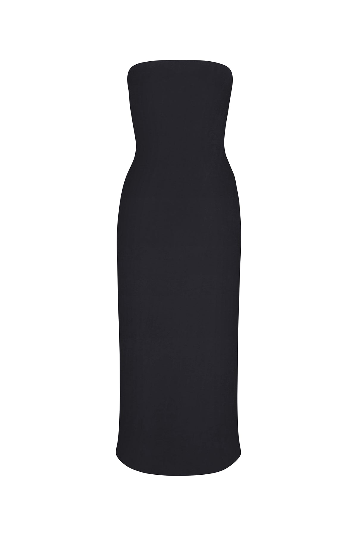 Anemos Strapless Midi Dress in Stretch Twill in Black — '90s runway-inspired strapless dress