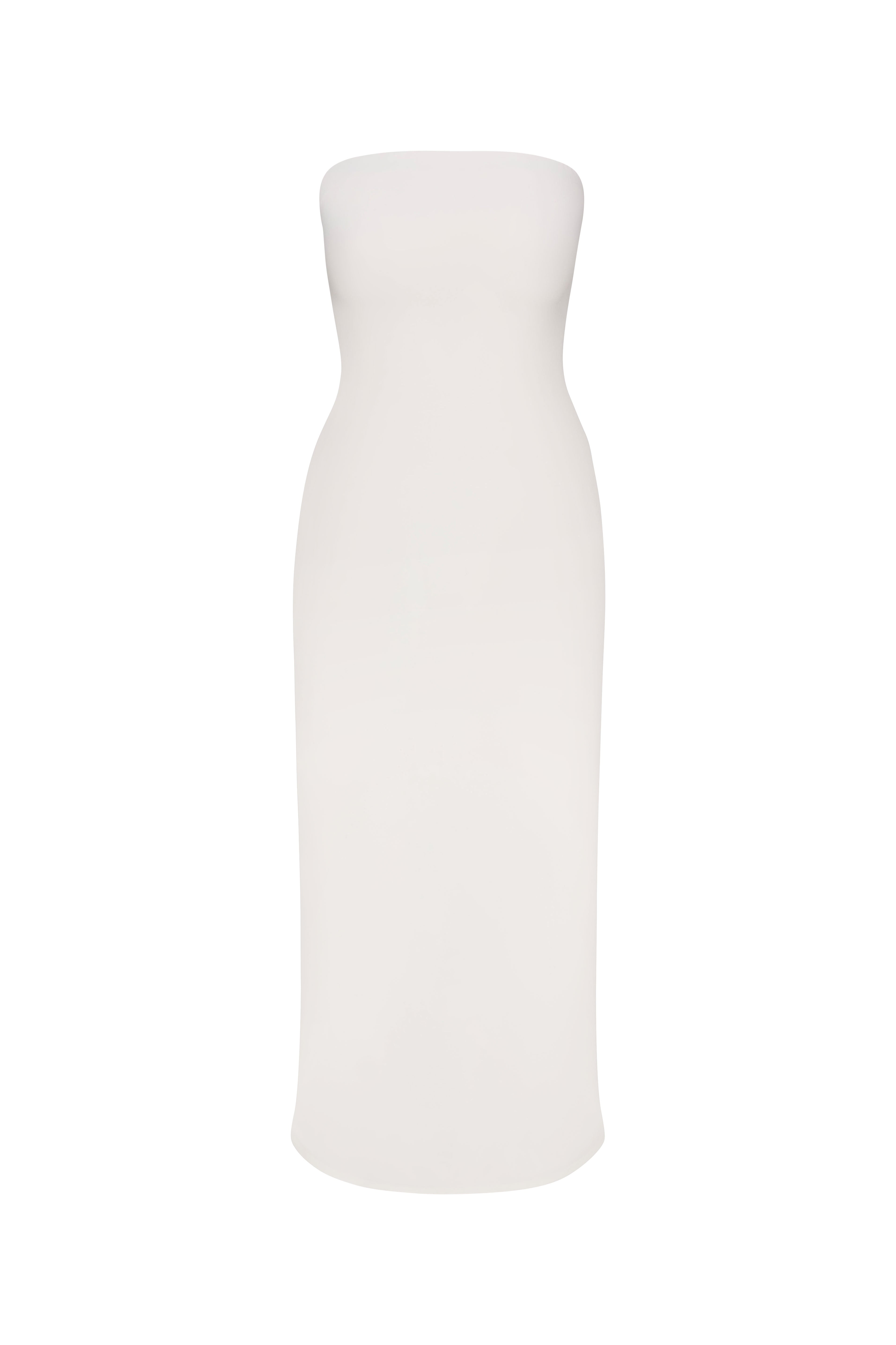 A white strapless midi dress with a pleated back detail, made from stretch twill fabric on a white background