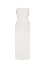 A white strapless midi dress with a pleated back detail, made from stretch twill fabric on a white background