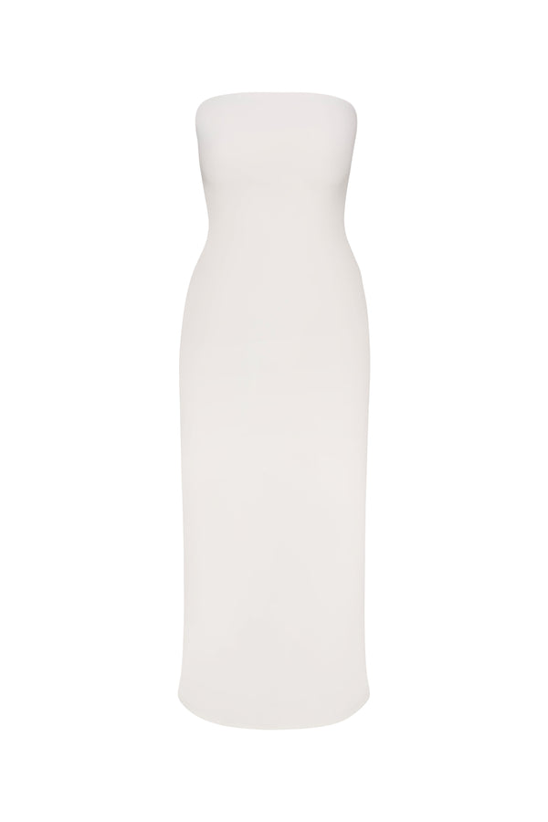 A white strapless midi dress with a pleated back detail, made from stretch twill fabric on a white background