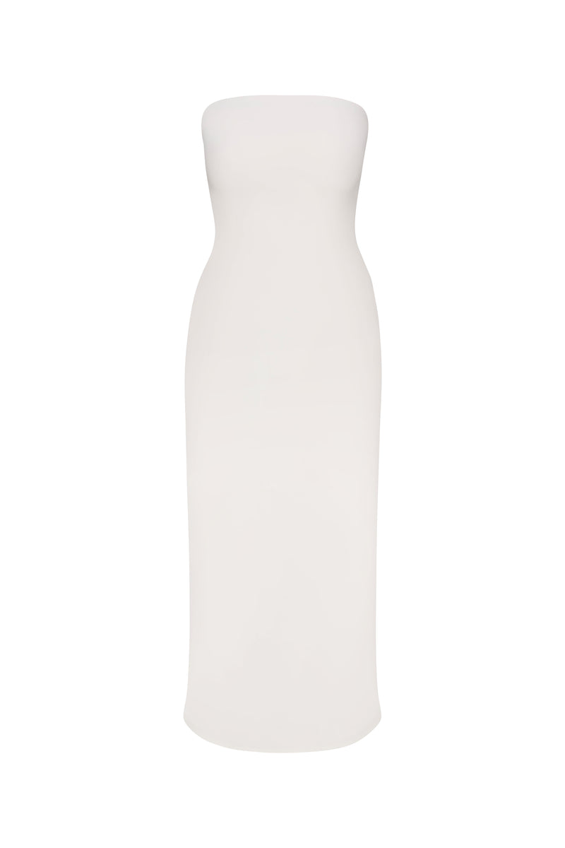 A white strapless midi dress with a pleated back detail, made from stretch twill fabric on a white background