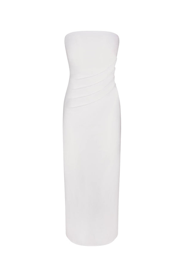 Strapless Nadege Draped Maxi Dress in stretch cotton on a white background. Airy, comfortable, and perfect for summer events or resort wear.