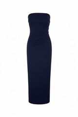 Strapless Nadege Draped Maxi Dress in textured stretch linen on a white background. Elegant, lightweight, and perfect for summer events or resort wear.