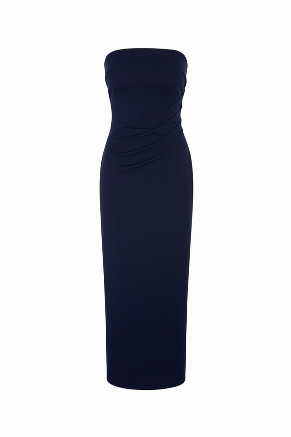 Strapless Nadege Draped Maxi Dress in textured stretch linen on a white background. Elegant, lightweight, and perfect for summer events or resort wear.