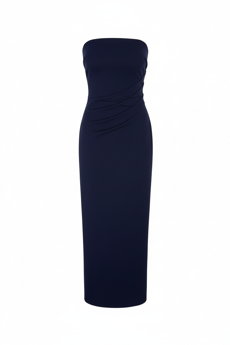 Strapless Nadege Draped Maxi Dress in textured stretch linen on a white background. Elegant, lightweight, and perfect for summer events or resort wear.