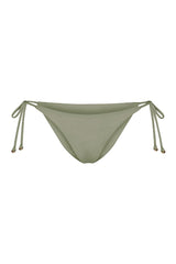 String Tie Bikini Bottom on a white background, featuring adjustable side ties with petite tortoise rings and a versatile high- or low-waist fit for a sleek ’70s-inspired look.