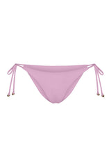 String Tie Bikini Bottom on a white background, featuring adjustable side ties with petite tortoise rings and a versatile high- or low-waist fit for a sleek ’70s-inspired look. 