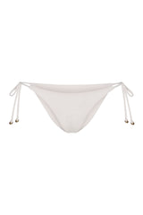 String Tie Bikini Bottom on a white background, featuring adjustable side ties with petite tortoise rings and a versatile high or low-waist fit for a sleek ’70s-inspired look. 