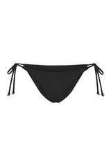 String Tie Bikini Bottom on a white background, featuring adjustable side ties with petite tortoise rings and a versatile high- or low-waist fit for a sleek ’70s-inspired look. 