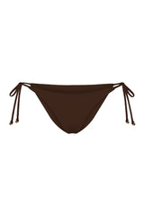 String Tie Bikini Bottom on a white background, featuring adjustable side ties with petite tortoise rings and a versatile high- or low-waist fit for a sleek ’70s-inspired look. 