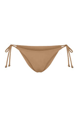 String Tie Bikini Bottom on a white background, featuring adjustable side ties with petite tortoise rings and a versatile high- or low-waist fit for a sleek ’70s-inspired look. 