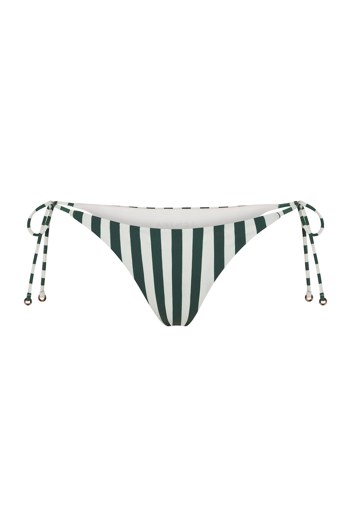Anemos String Tie Bikini Bottom in Green Vertical Stripes — '70s-inspired swim bottom with tortoise ring ties