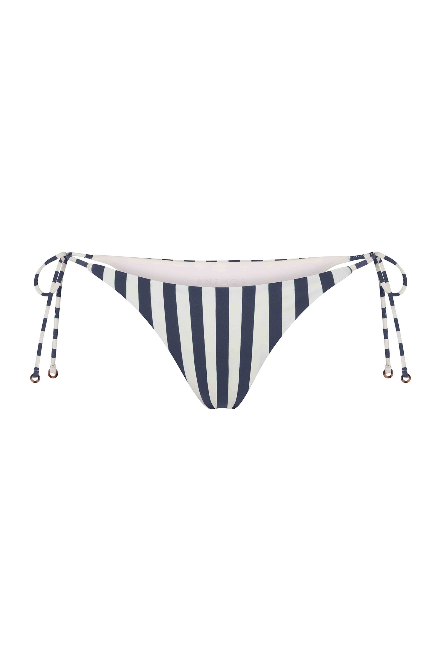 Anemos String Tie Bikini Bottom in Marine Vertical Stripes — '70s-inspired swim bottom with tortoise ring ties