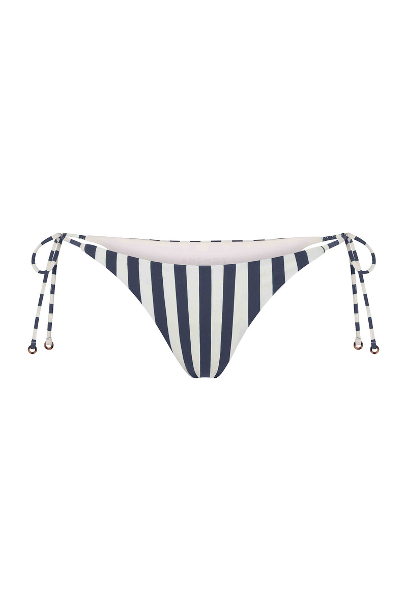 Marine and white striped bikini bottom with tie sides on a white background