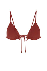 Umber red bikini top with thin straps on a white background
