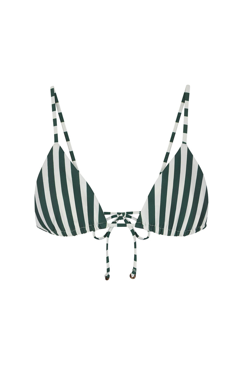 String Triangle Bikini Top in Green Vertical Stripes Green & White Vertical Striped on White Background