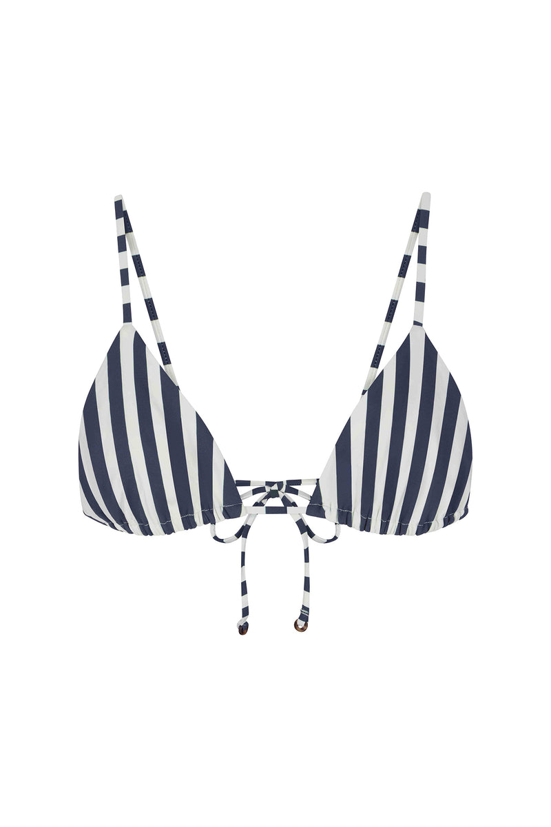 Navy and white striped bikini top on a white background