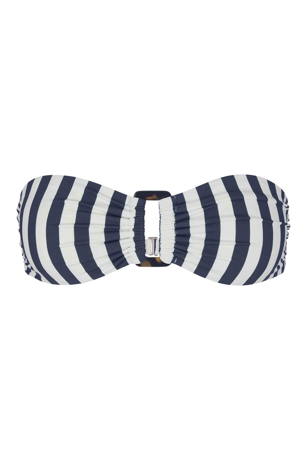 Marine and white striped bandeau bikini top on a white background