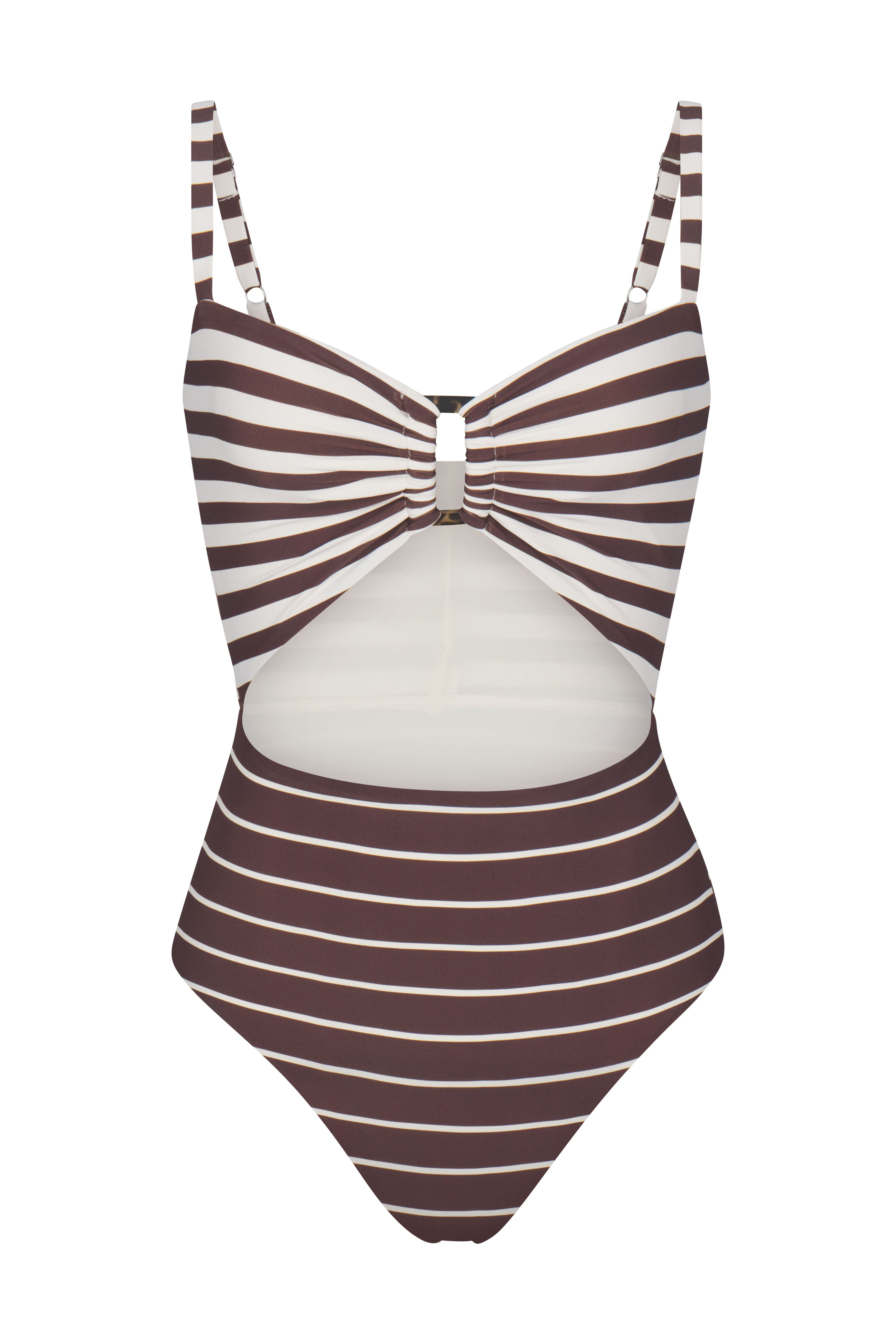 Anemos Tortoise Cutout One-Piece in Espresso Mixed Stripes — gathered bust, high waist, tortoiseshell ring detail