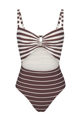 Tortoise Cutout One-Piece In Espresso Mixed Stripes on White Background