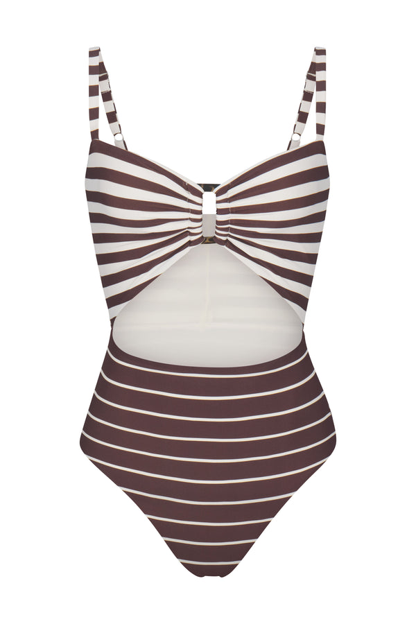 Tortoise Cutout One-Piece In Espresso Mixed Stripes on White Background