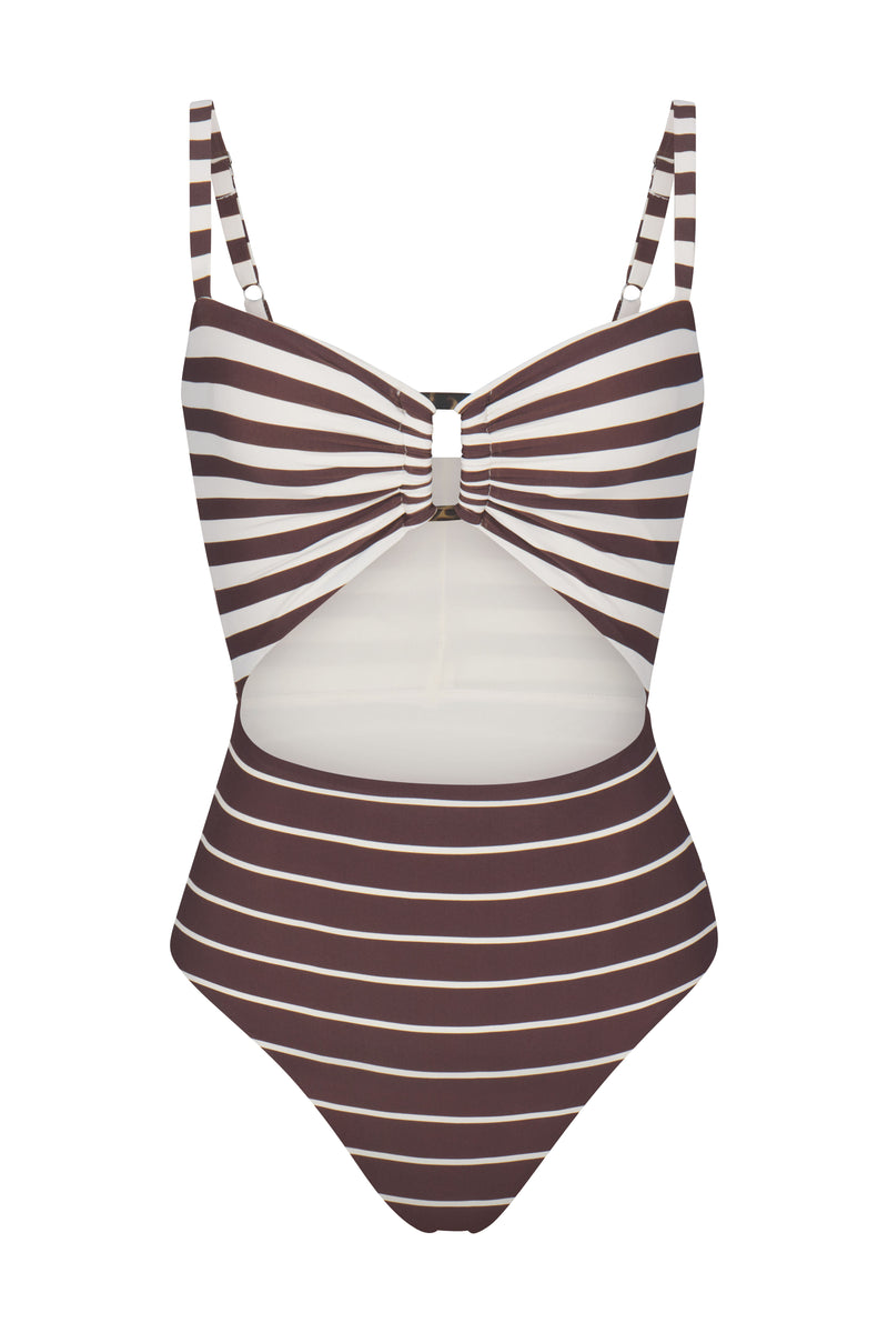 Tortoise Cutout One-Piece In Espresso Mixed Stripes on White Background