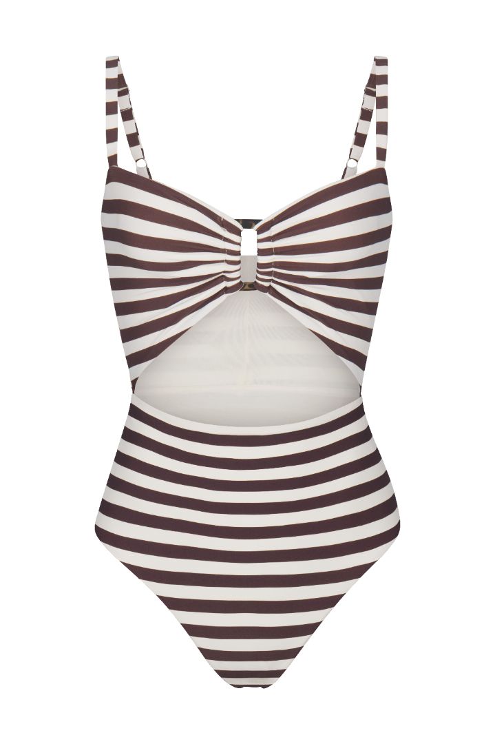Tortoise Cutout One-Piece swimsuit in espresso and white horizontal stripes. The swimsuit features a gathered bust with a tortoiseshell ring cutout at the center, adjustable shoulder straps, a high back, and a flattering high-waisted silhouette with moderate coverage.
