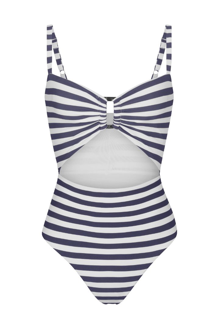 Tortoise Cutout One-Piece swimsuit in marine and white horizontal stripes. The swimsuit features a gathered bust with a tortoiseshell ring cutout at the center, adjustable shoulder straps, a high back, and a flattering high-waisted silhouette with moderate coverage.