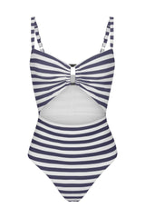Tortoise Cutout One-Piece swimsuit in marine and white horizontal stripes. The swimsuit features a gathered bust with a tortoiseshell ring cutout at the center, adjustable shoulder straps, a high back, and a flattering high-waisted silhouette with moderate coverage.