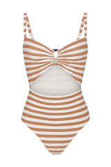 Tortoise Cutout One-Piece swimsuit in fawn and white horizontal stripes. The swimsuit features a gathered bust with a tortoiseshell ring cutout at the center, adjustable shoulder straps, a high back, and a flattering high-waisted silhouette with moderate coverage.