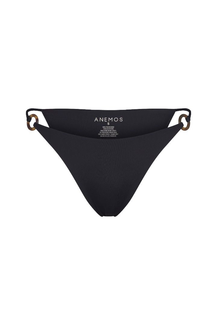 Tortoise Ring String Tie Bikini Bottom with adjustable side ties, recycled tortoise ring accents, and a flattering high-cut silhouette.