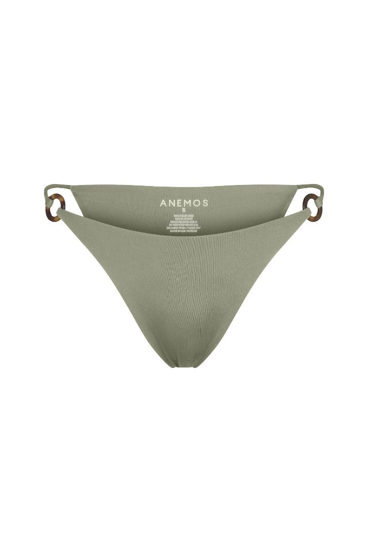 Tortoise Ring String Tie Bikini Bottom with adjustable side ties, recycled tortoise ring accents, and a flattering high-cut silhouette.