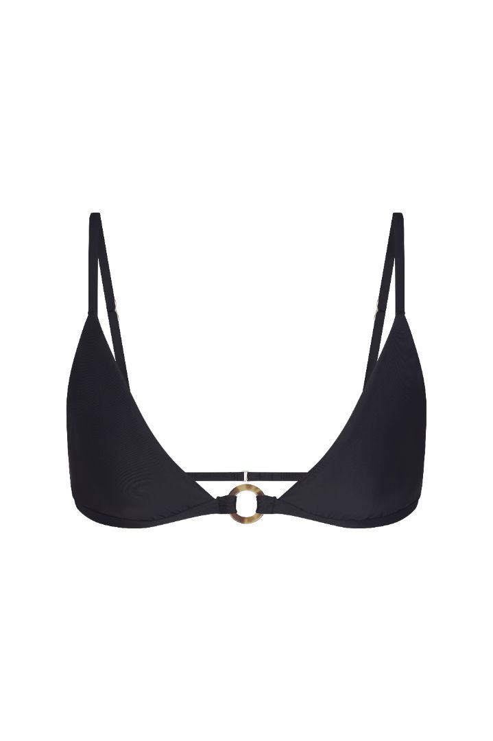 Tortoise Ring Triangle Bikini Top featuring a wide-cut triangle silhouette with slim adjustable straps, tortoise-ring detailing at the band, a hook-and-eye back closure, and a fully lined design with UPF 50+ sun protection.