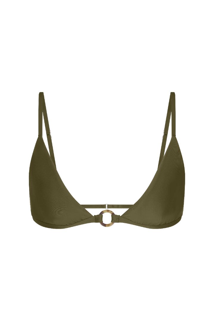 Tortoise Ring Triangle Bikini Top featuring a wide-cut triangle silhouette with slim adjustable straps, tortoise-ring detailing at the underband, a hook-and-eye back closure, and a fully lined design with UPF 50+ sun protection.