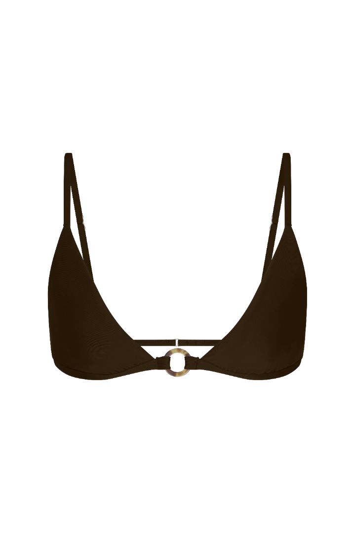 Tortoise Ring Triangle Bikini Top featuring a wide-cut triangle silhouette with slim adjustable straps, tortoise-ring detailing at the underband, a hook-and-eye back closure, and a fully lined design with UPF 50+ sun protection.