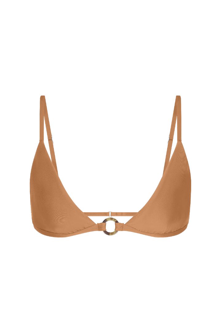Tortoise Ring Triangle Bikini Top featuring a wide-cut triangle silhouette with slim adjustable straps, tortoise-ring detailing at the underband, a hook-and-eye back closure, and a fully lined design with UPF 50+ sun protection.