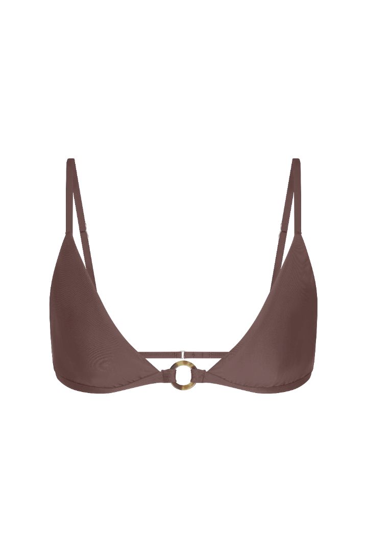 Tortoise Ring Triangle Bikini Top featuring a wide-cut triangle silhouette with slim adjustable straps, tortoise-ring detailing at the underband, a hook-and-eye back closure, and a fully lined design with UPF 50+ sun protection.