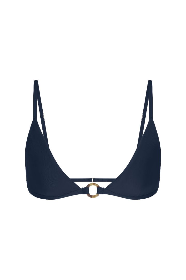 Tortoise Ring Triangle Bikini Top featuring a wide-cut triangle silhouette with slim adjustable straps, tortoise-ring detailing at the underband, a hook-and-eye back closure, and a fully lined design with UPF 50+ sun protection.