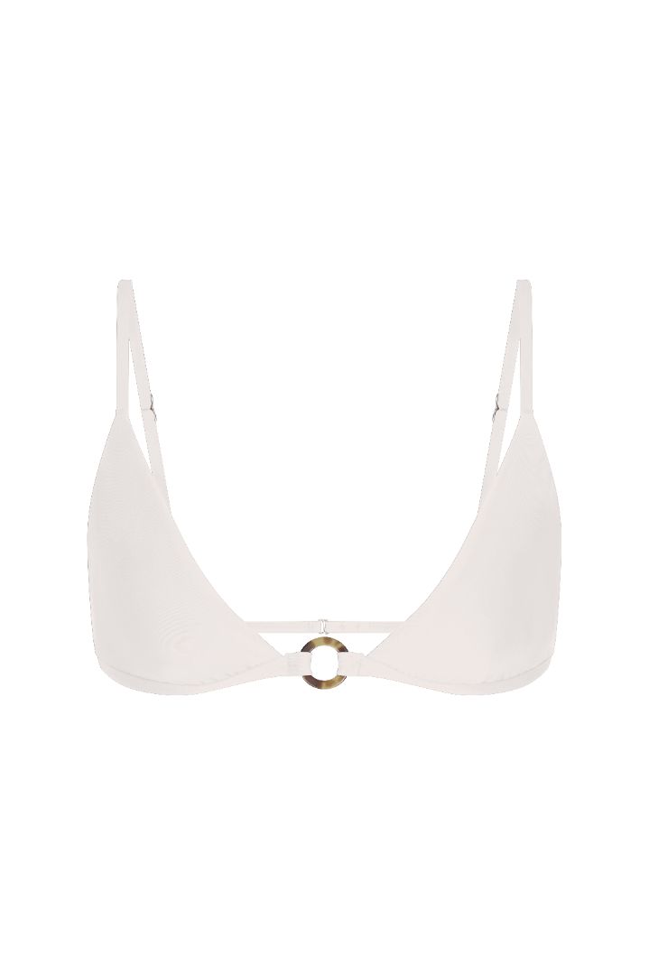 Tortoise Ring Triangle Bikini Top featuring a wide-cut triangle silhouette with slim adjustable straps, tortoise-ring detailing at the underband, a hook-and-eye back closure, and a fully lined design with UPF 50+ sun protection.