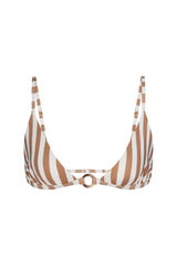 Tortoise Ring Triangle Bikini Top in fawn vertical stripes featuring a wide-cut triangle silhouette with slim adjustable straps, tortoise-ring detailing at the band, a hook-and-eye back closure, and a fully lined design with UPF 50+ sun protection.