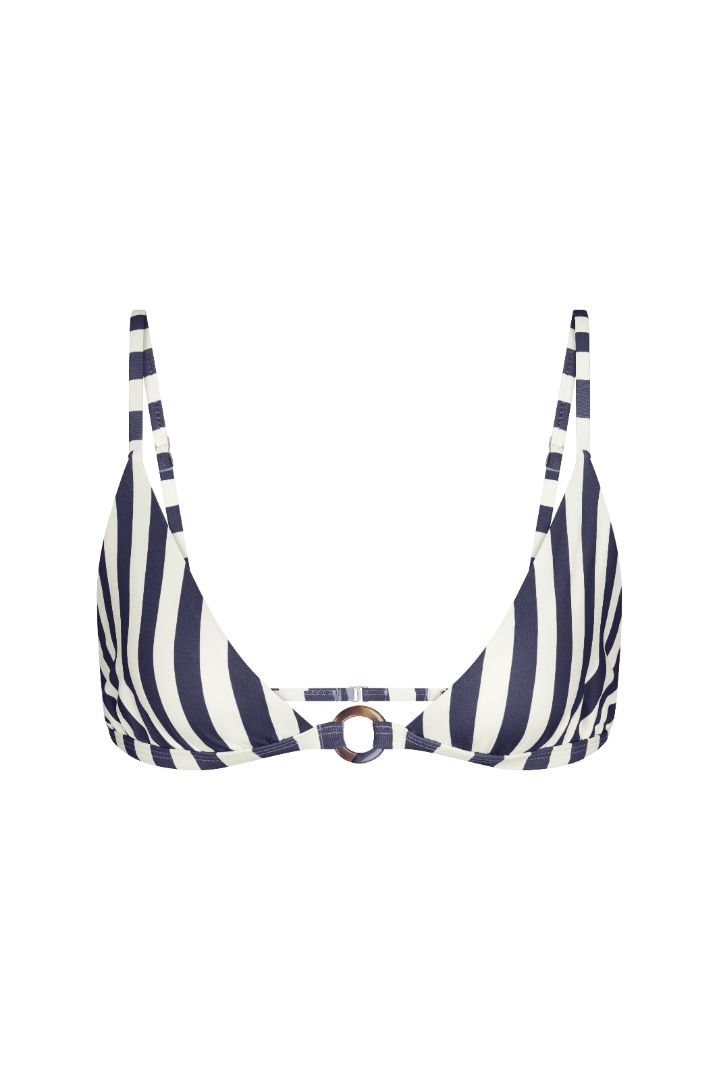 Tortoise Ring Triangle Bikini Top in marine vertical stripes featuring a wide-cut triangle silhouette with slim adjustable straps, tortoise-ring detailing at the band, a hook-and-eye back closure, and a fully lined design with UPF 50+ sun protection.