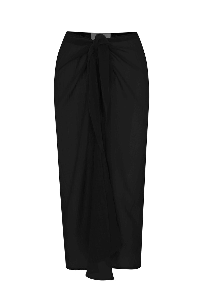 Wrap Midi Skirt Cover Up Black in Woven Bamboo Cotton Gauze on a white background