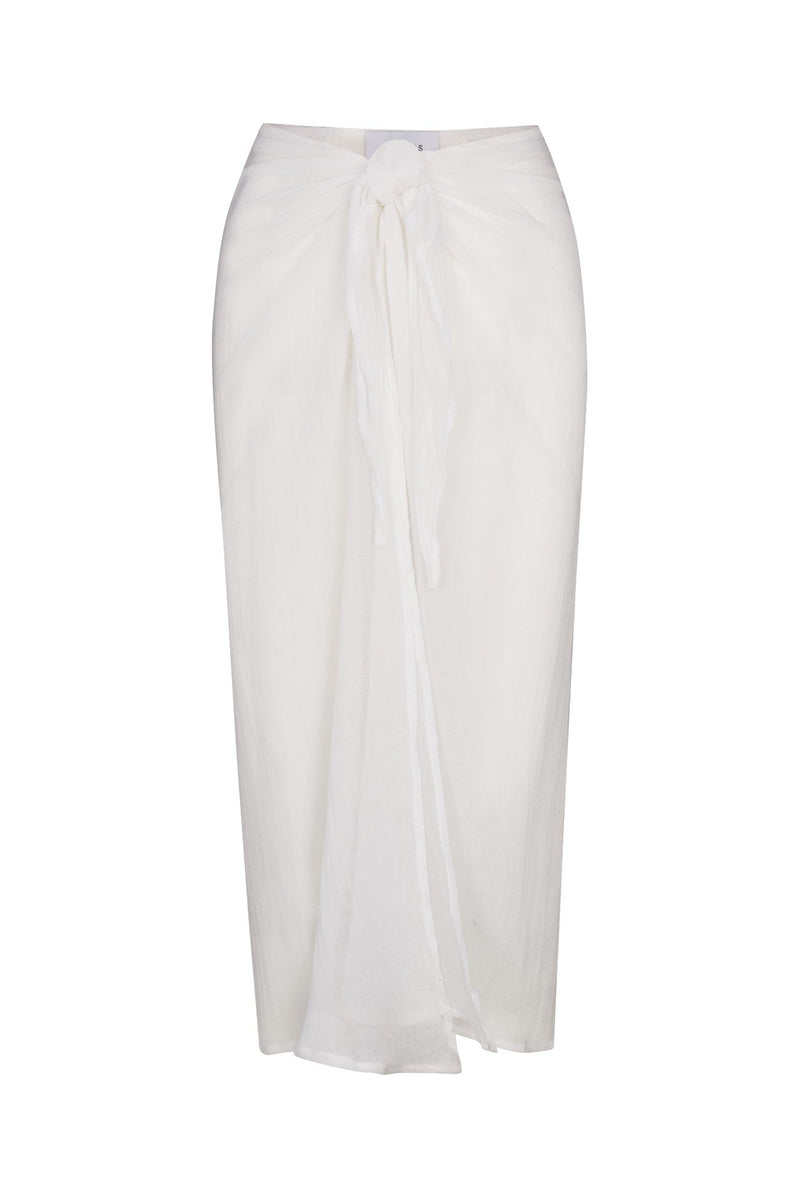Wrap Midi Skirt Cover Up White in Woven Bamboo Cotton Gauze on a white background