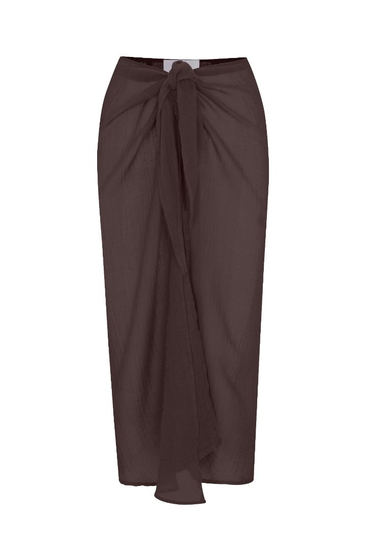 Wrap Midi Skirt Cover Up in woven bamboo cotton gauze on a white background, featuring a lightweight, airy fabric with a self-tie waist for a comfortable and effortless summer look.